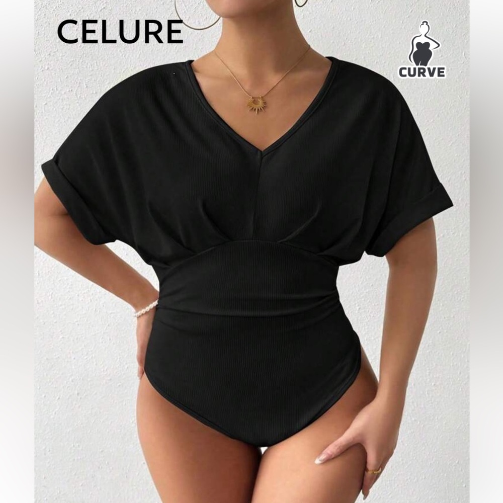 Black V-Neck Short Sleeve Bodysuit